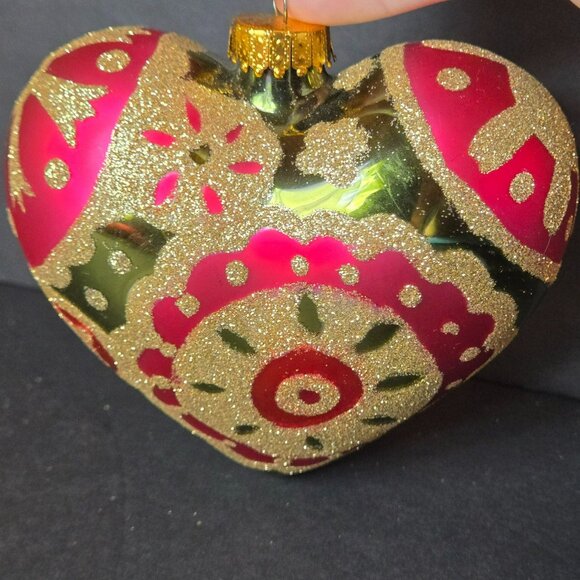 Vintage Red And Gold Glitter Heart Ornament Hand Decorated 5 Inch Christmas - Picture 3 of 11